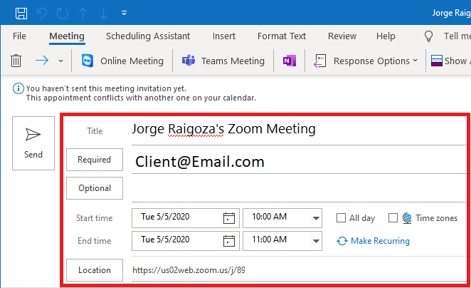 Schedule a meeting using Zoom - Send using Outlook
